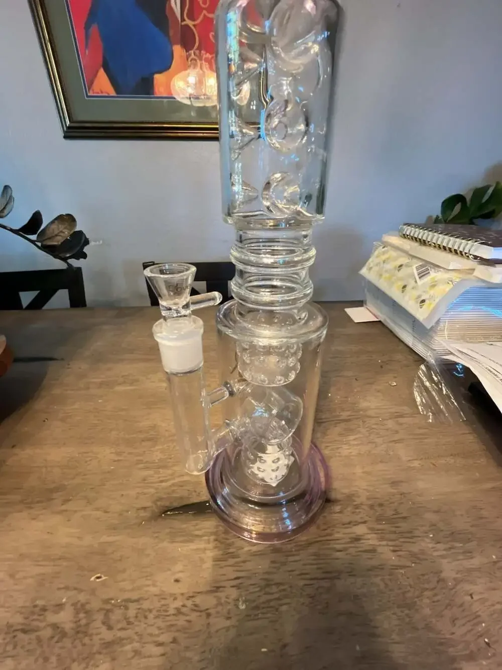Clover Glass Double Percolator Water Piece with Purple Accent